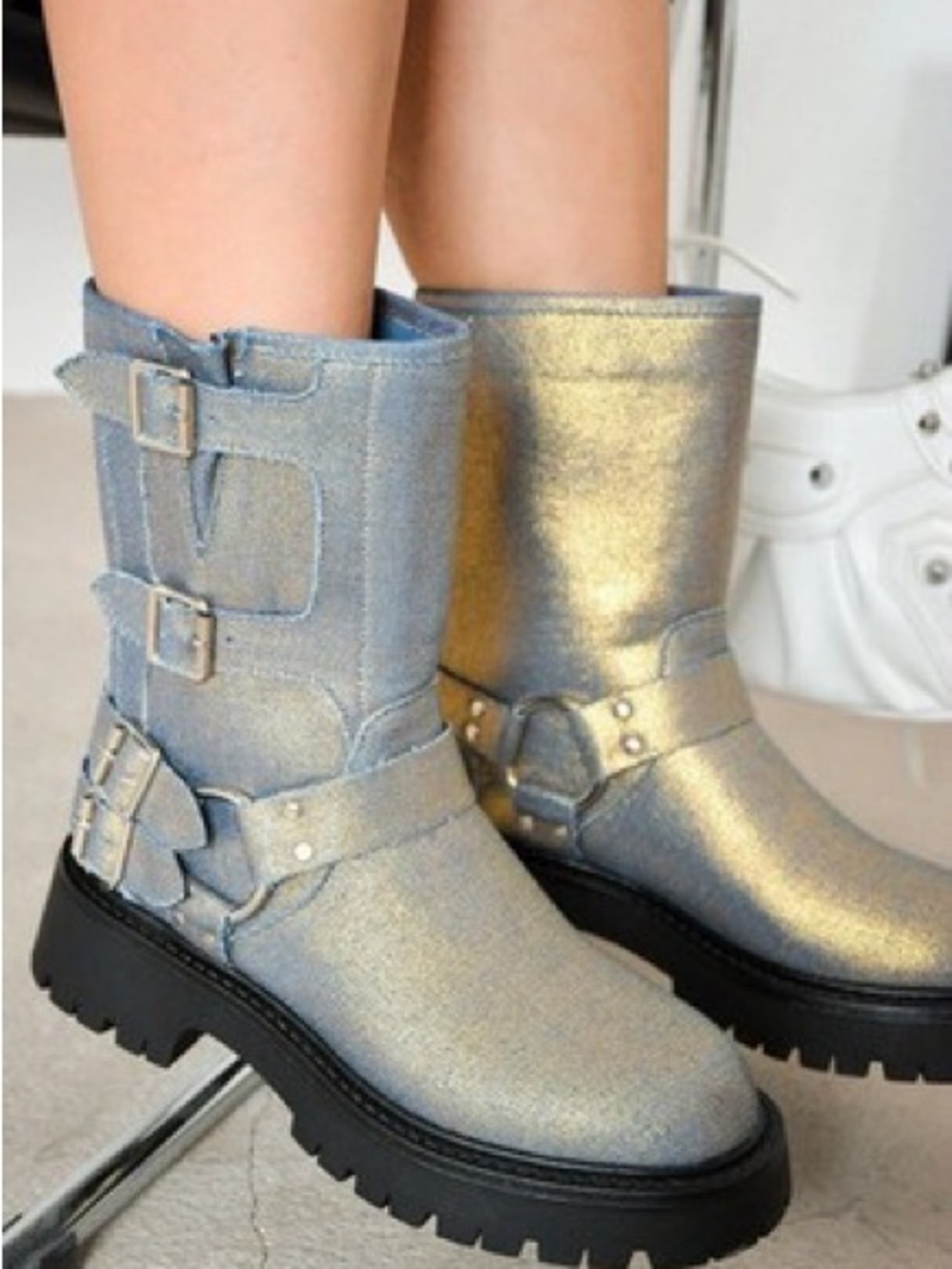 Cape Robbin Metallic Silver Mid-Calf Buckle Combat Boots